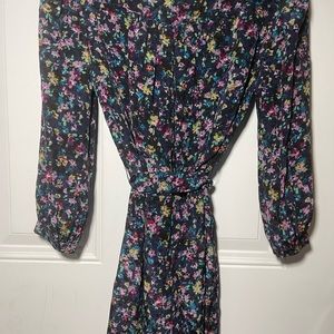 Anthropologie Fei Floral Silk Tunic Top Womens Size 0 Navy Tie Waist 3/4 Sleeve